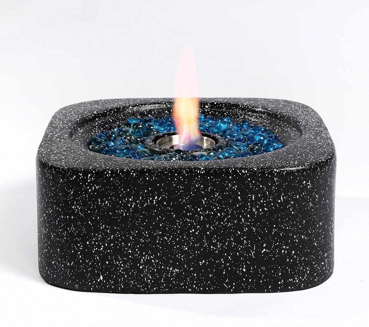Tabletop Smokeless Fire Pit Bowl for Indoor & Outdoor Use Modern Concrete Outdoor Heater for Patio with Blue Fire Glass Small Decorative Fire Feature for Balcony Backyard & Tabletop Ambiance