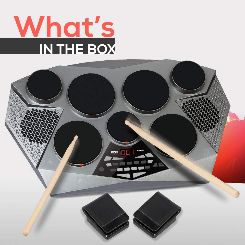 Pyle Pro Electronic Drum Kit - Portable Electric Tabletop Drum Set Machine with Digital Panel, 7 Drum Pads, Hi-Hat/Kick Bass Pedal Controller USB AUX - Tom-Toms, Hi-Hat, Snare Drums, Cymbals