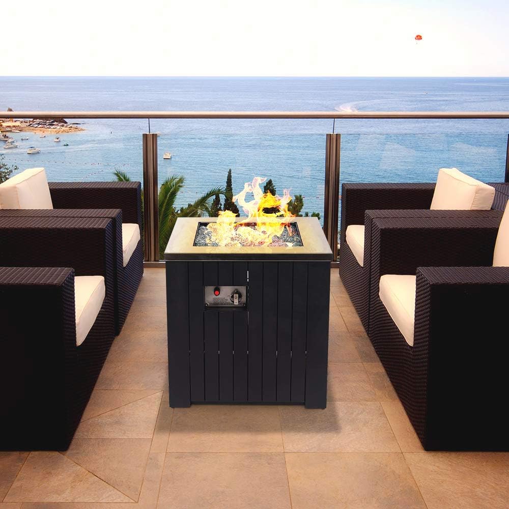 MASE 24-Inch Square Small Outdoor Patio Propane Gas Fire Pit Table.304 Stainless Steel Tabletop w/Arctic Ice Glass Rocks and Black Powder Coating Aluminum Body. No Assembly Required