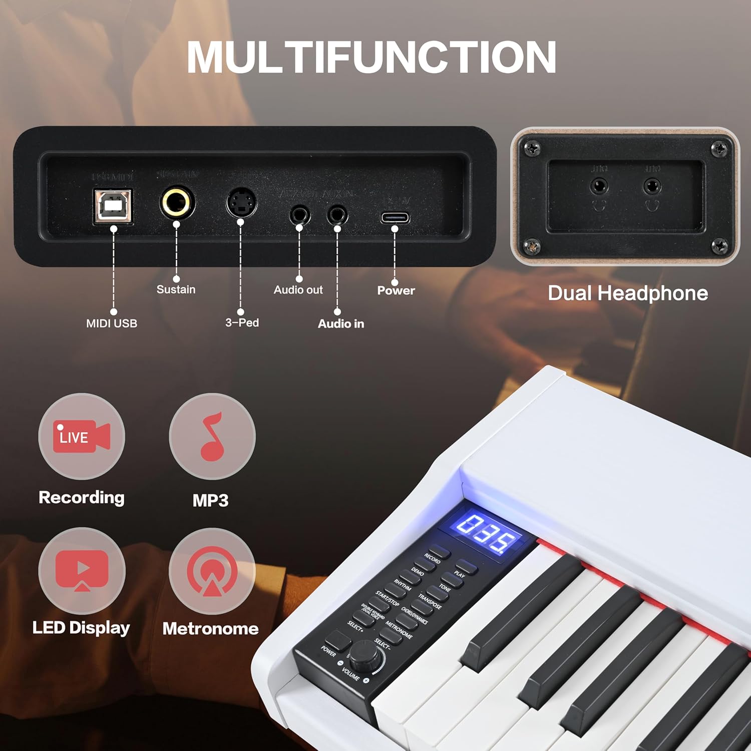 Digital Piano 88 Key Weighted with Piano Bench, 88 Key Full Size Semi Weighted Keyboard Piano, Electronic Piano for Beginner,with Adjustable Stand,Carrying Case,Sustain Pedal,Headphone (White)