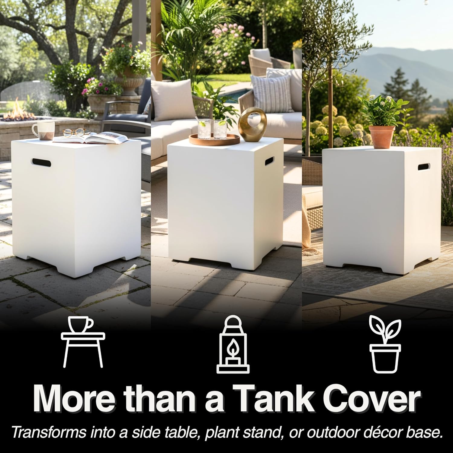 Propane Tank Cover 20 lb White Concrete Outdoor Table Storage Hideaway for Fire Pits, Patio, Garden, Deck - Lightweight MgO Composite Side Table with Handles & Hose Hole