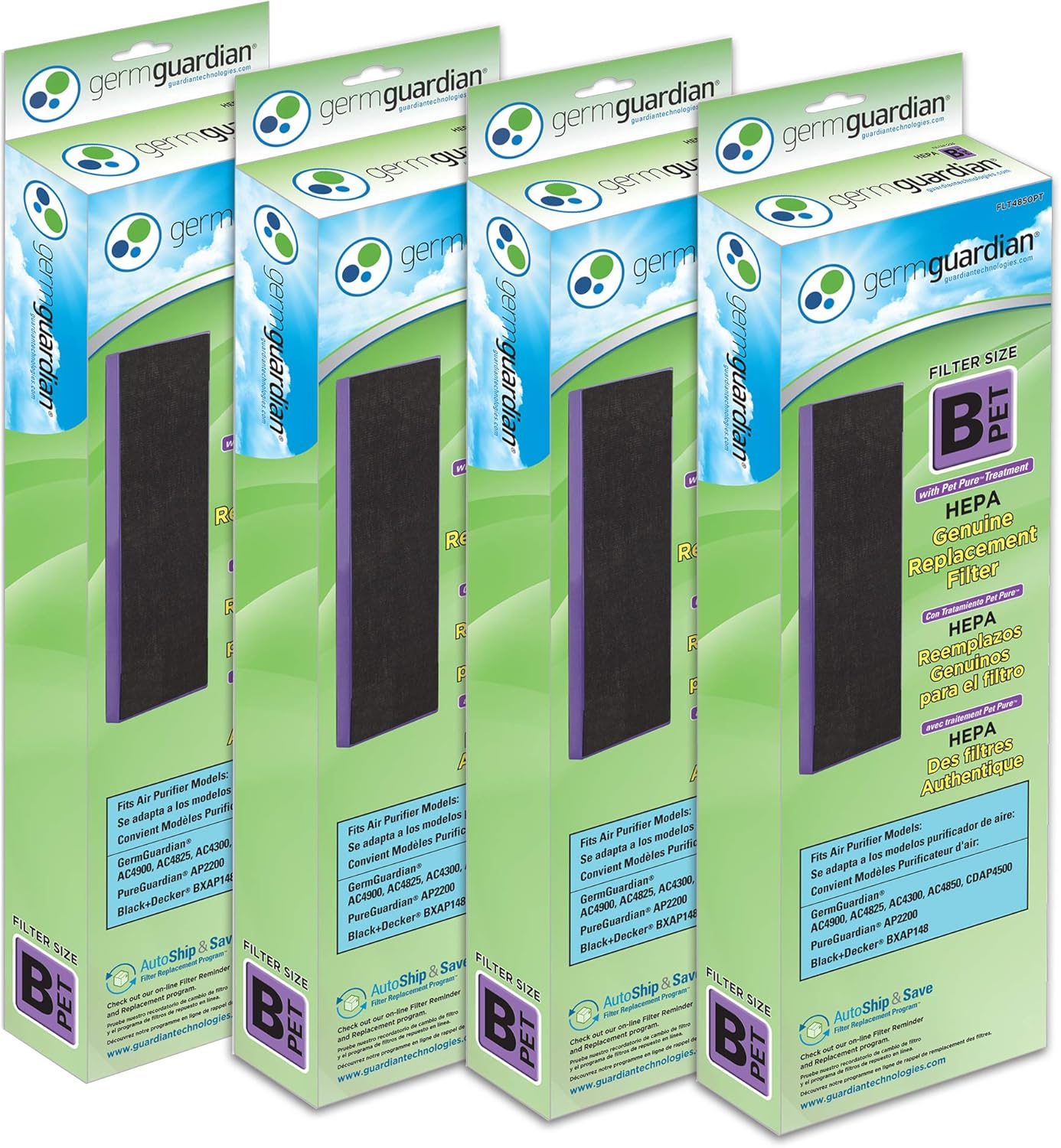 GermGuardian Pet Pure HEPA Genuine Replacement Filter B, Removes 99.97% of Pollutants for AC4825, AC4820, AC4850, AC4870, CDAP4500, AC4900, AC4300, AP2200, 4- Pack, Black/Purple, FLT4850PT4PK