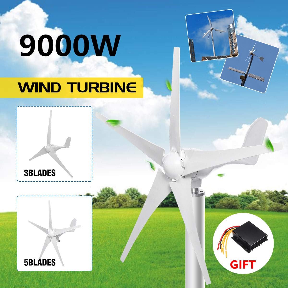 9000W Horizontal Wind Generator 12/24V 3/5 Blade Wind Turbines Generator Windmill Energy Turbines Charge with Controller
