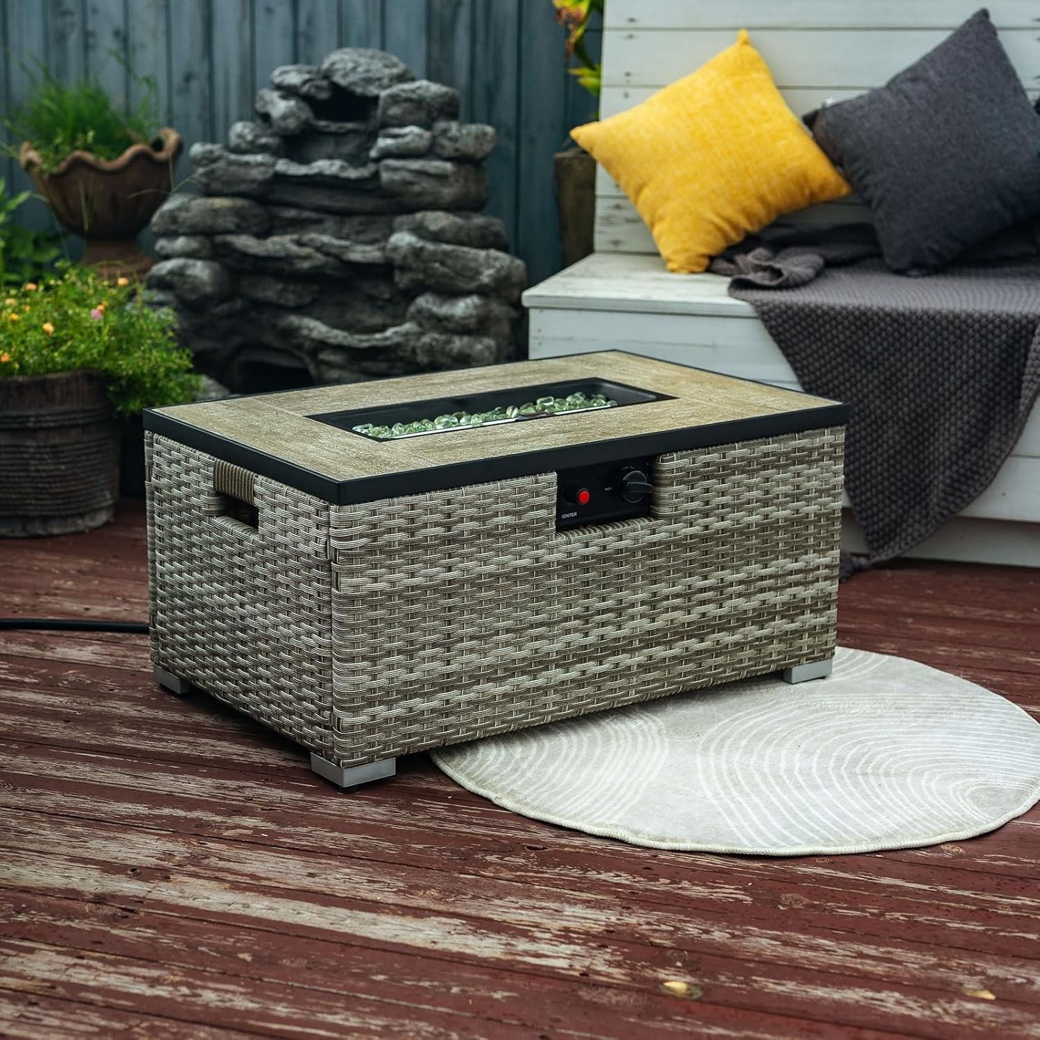 Penau Beige Rattan Fire Pit Table with Ceramic Tile Top and Tank Holder for Outdoor Use
