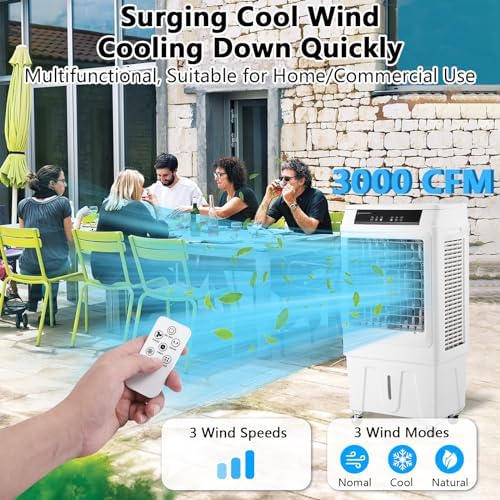 Portable Evaporative Cooler, 3000 CFM Air Cooler, 120° Oscillation Swamp Cooler with Remote Control, 3 Wind Speeds, 10.3 Gallons Water Cooler Fan with 450 Sq. Ft. Coverage
