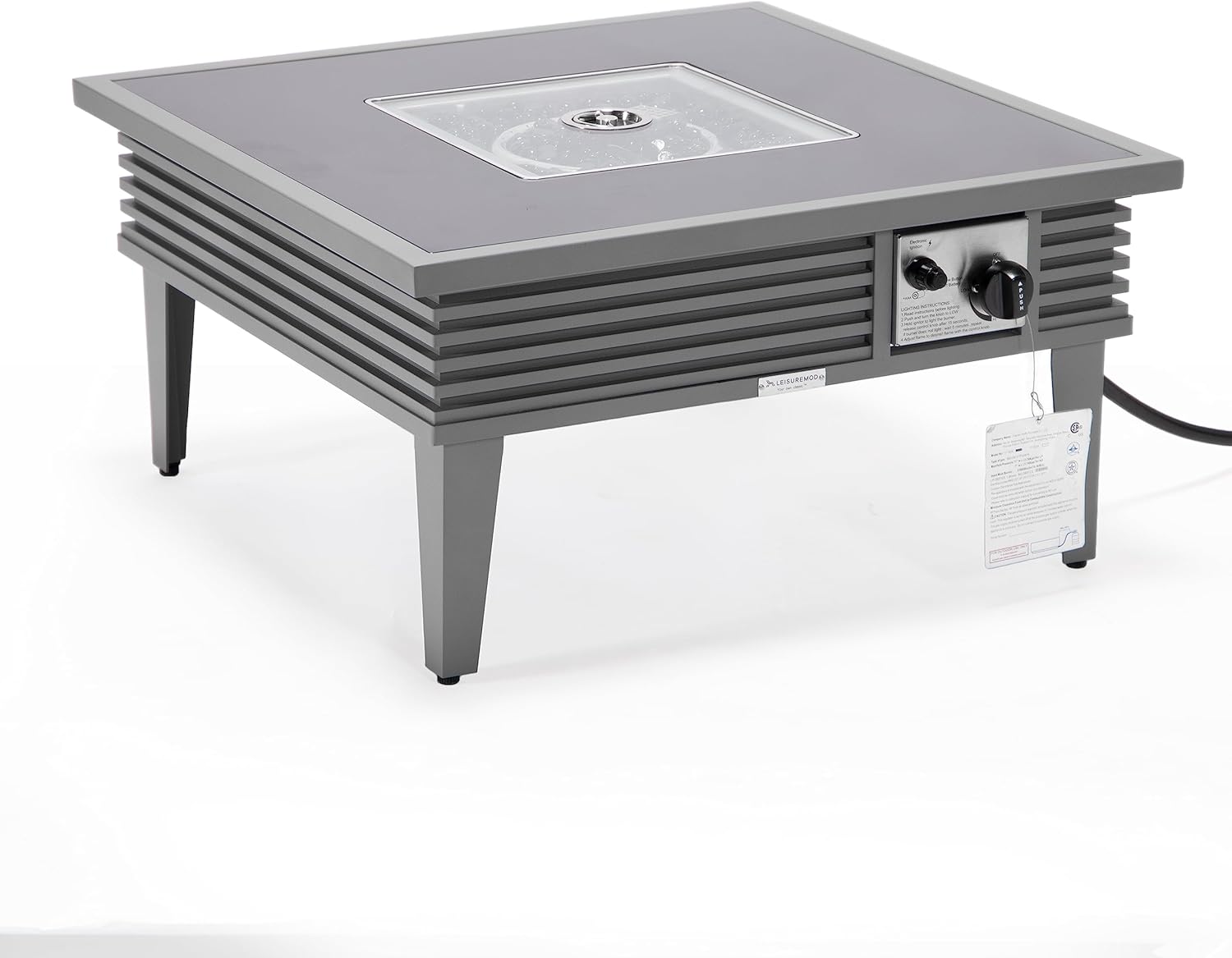 LeisureMod Walbrooke Modern Outdoor Square Fire Pit Table with Powder-Coated Aluminum Frame and Slats Design for Patio and Backyard Garden, Grey