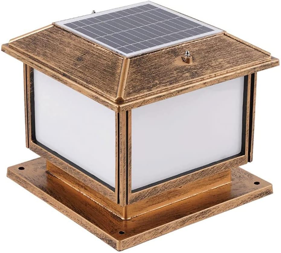 Chinese Style Solar Fence Pillar Light,Traditional Waterproof Column Headlight Vintage Aluminum Exterior Post Light,Square Acrylic Lampshade Lamp (Brown B)