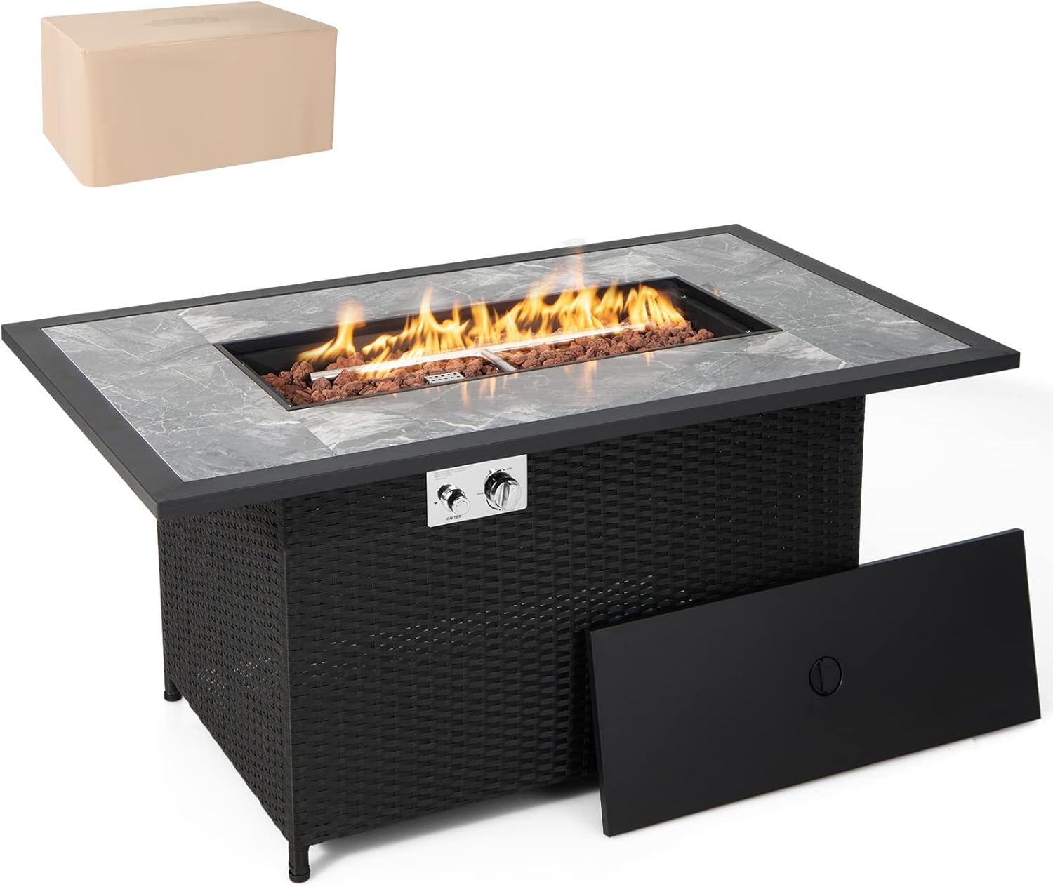Tangkula 52 Inches Wicker Patio Propane Fire Pit Table, Patiojoy 50,000 BTU Outdoor Gas Fire Table with Auto-Ignition, Hideaway Tank Holder, Marble Tabletop, Lava Rocks, Protective Cover and Lid