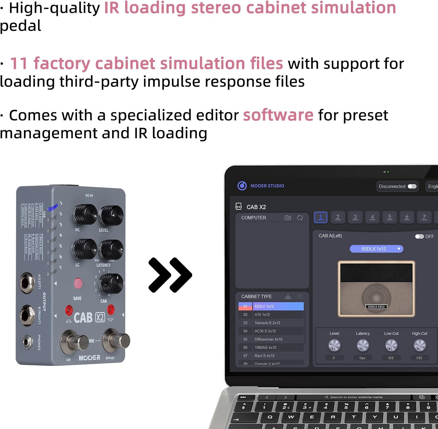 MOOER CAB X2 Dual Footswitch Cab Sim IR Loading Stereo Cabinet Simulation Pedal with 14 Presets Slots Supporting Software Editing