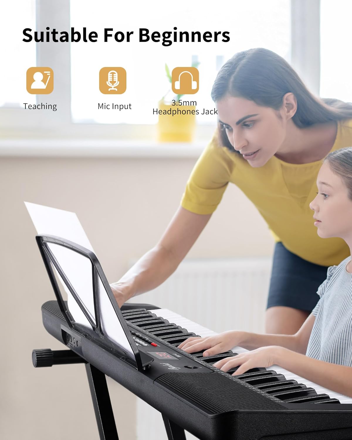 61 Keys Compact Keyboard Piano with Foldable Mini Stand, Built-in 255 Sounds, 255 Rhythms, 24 Demos, Includes Sheet Music Stand, Note Stickers & Power Supply, Gift for Beginners, Black