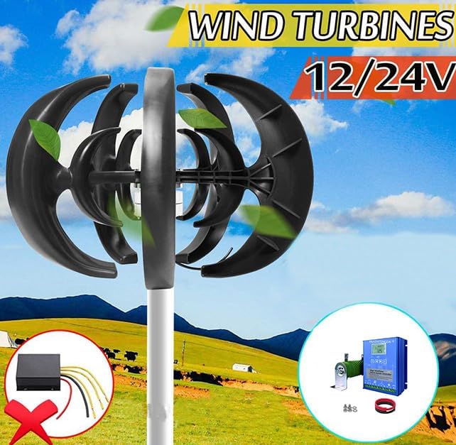 5 Blades Lantern Vertical Wind Turbines Generator Kit 12V 2500W with Wind Solar Hybrid System MPPT Charge Controller Noiseless Vertical Wind Turbine Farm & Home Use