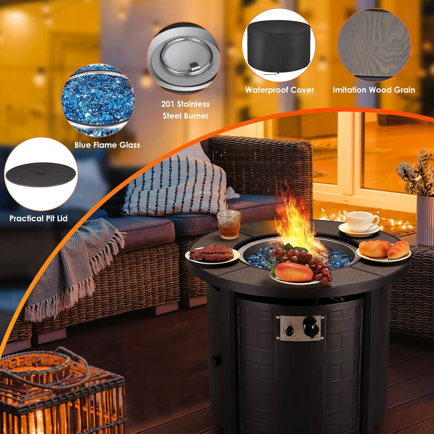 TLGREEN Propane Fire Pit Table 30in, 50,000 BTU Auto-Ignition Round Gas Fire Pit, Patio Furniture Outdoor and Indoor, Fire Table with Waterproof Cover, Blue Stone and Lid