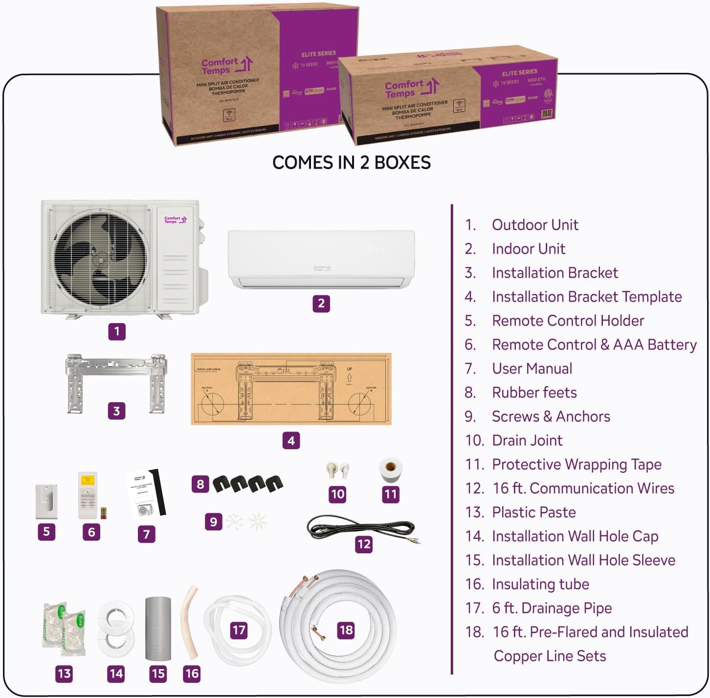 Energy-Saving 12000 BTU / 220V Ductless Mini Split AC/Heating System – 20 SEER, Pre-Charged, Quiet & Comfortable Mini Split with WiFi& Complete Easy Install Kit (Elite Series by Comfort Temps)