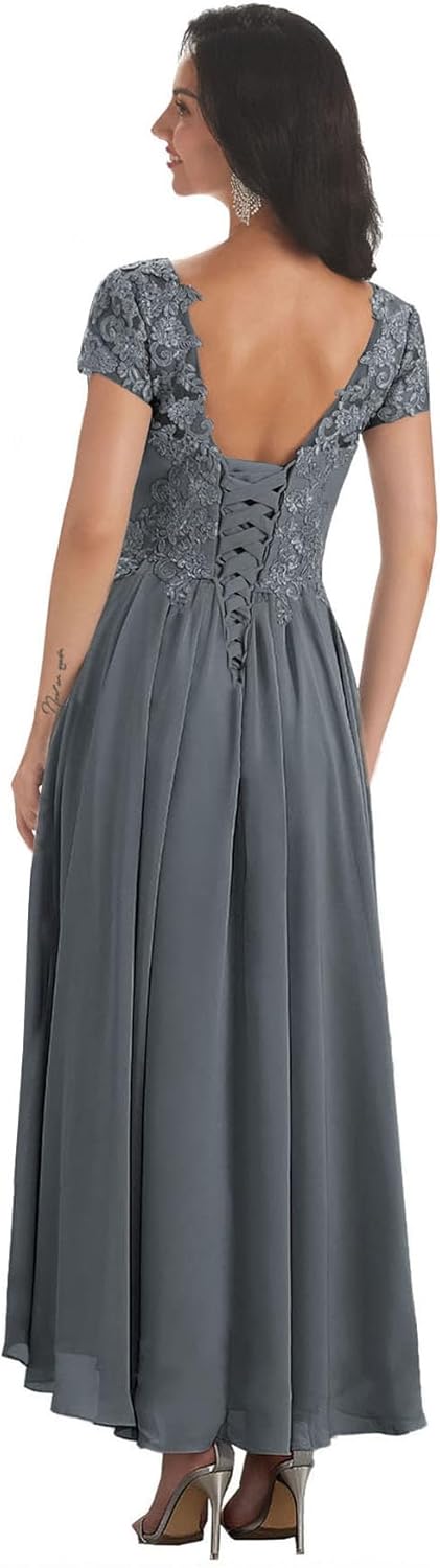 BANTRATIC Mother of The Bride Dresses for Wedding Lace Appliques V Neck Short Sleeve Corset Chiffon Back Bridesmaid Dress