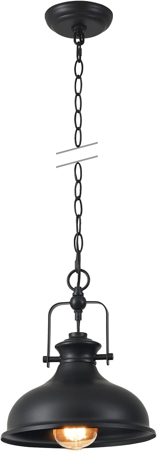 GZBtech Industrial Dome Pendant Light, 1-Light Metal Chain Adjustable Farmhouse Hanging Light, 50.5 Inches Vintage Rustic Lighting Fixture with Polished Black Finish for Kitchen Dinning Room Barn