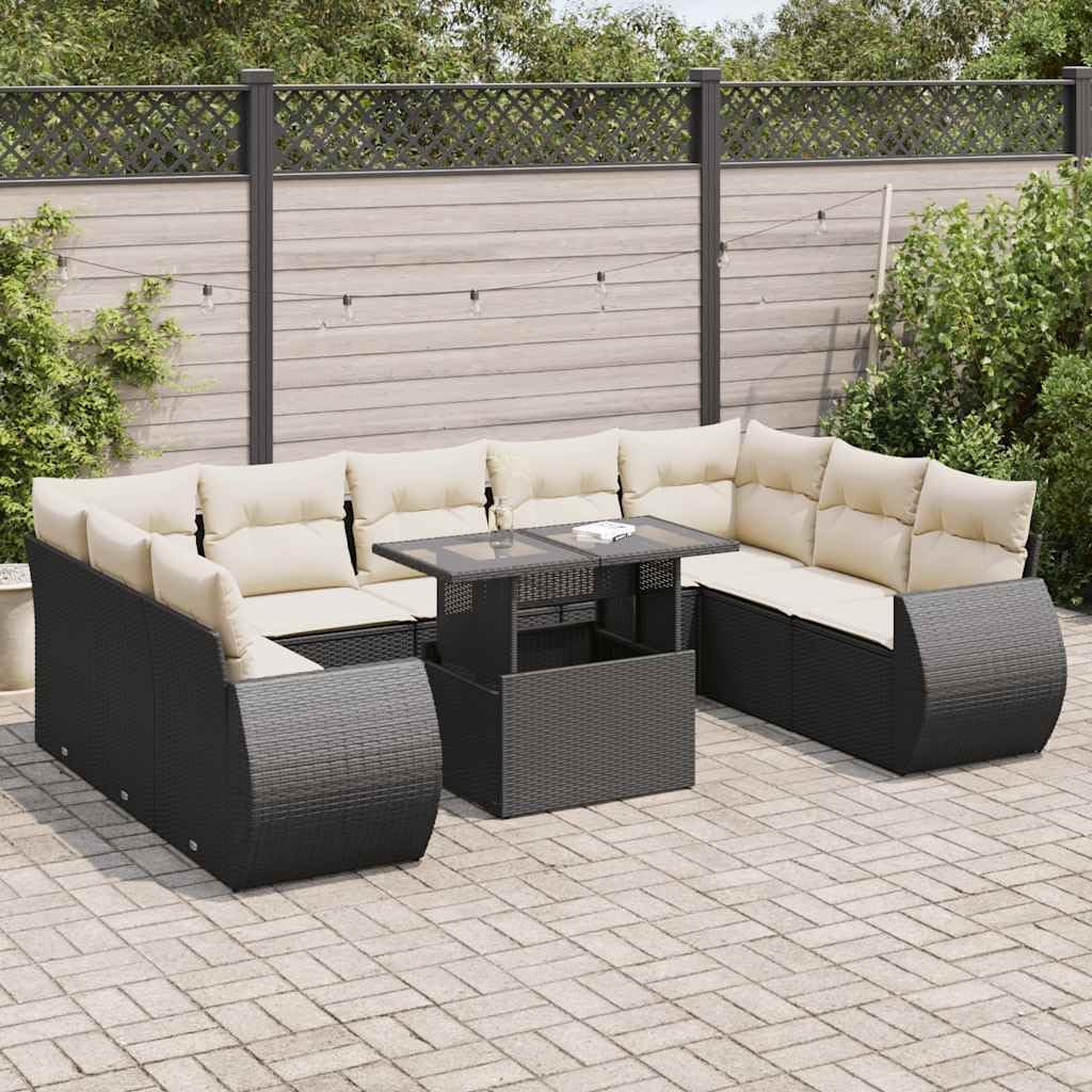 Black PE Rattan Extra Large 10 Piece Garden Sofa Set with Cream Cushions, Adjustable Height Modular Outdoor Furniture for Patio, Durable Weatherproof UV-Resistant Seating