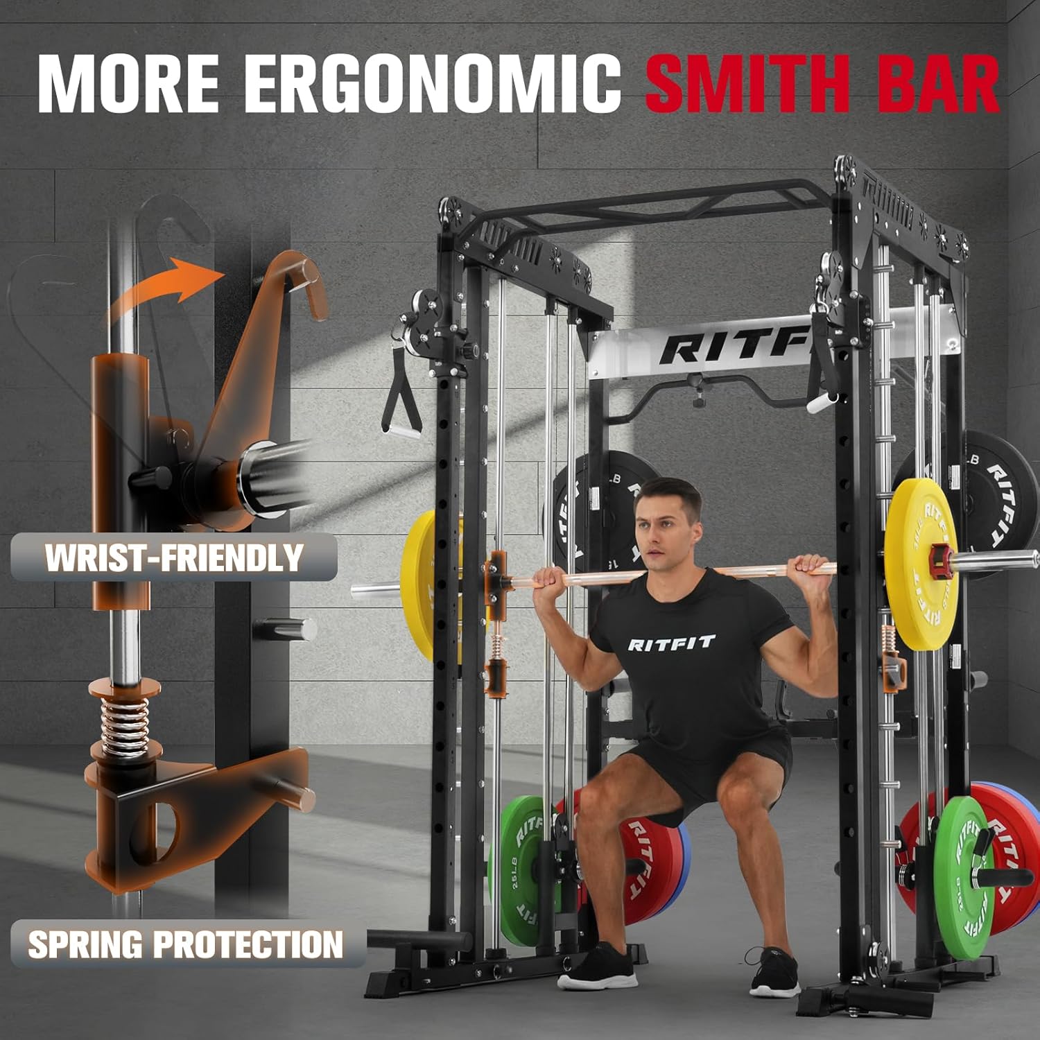 RitFit M1 Pro Smith Machine Package, All-in-One Power Cage with Weight Stack Set, Includes LAT Pulldown & Cable Crossover System for Home Gyme