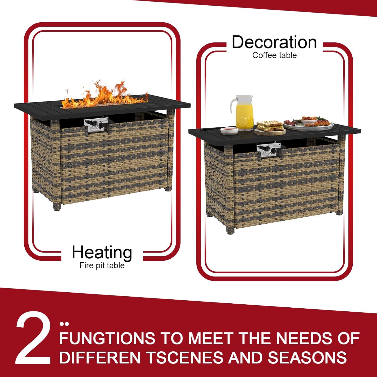 44IN Yellow-Brown Wicker Gas Fire Pit Table with Side Door, Propane Powered, 50000 Btu