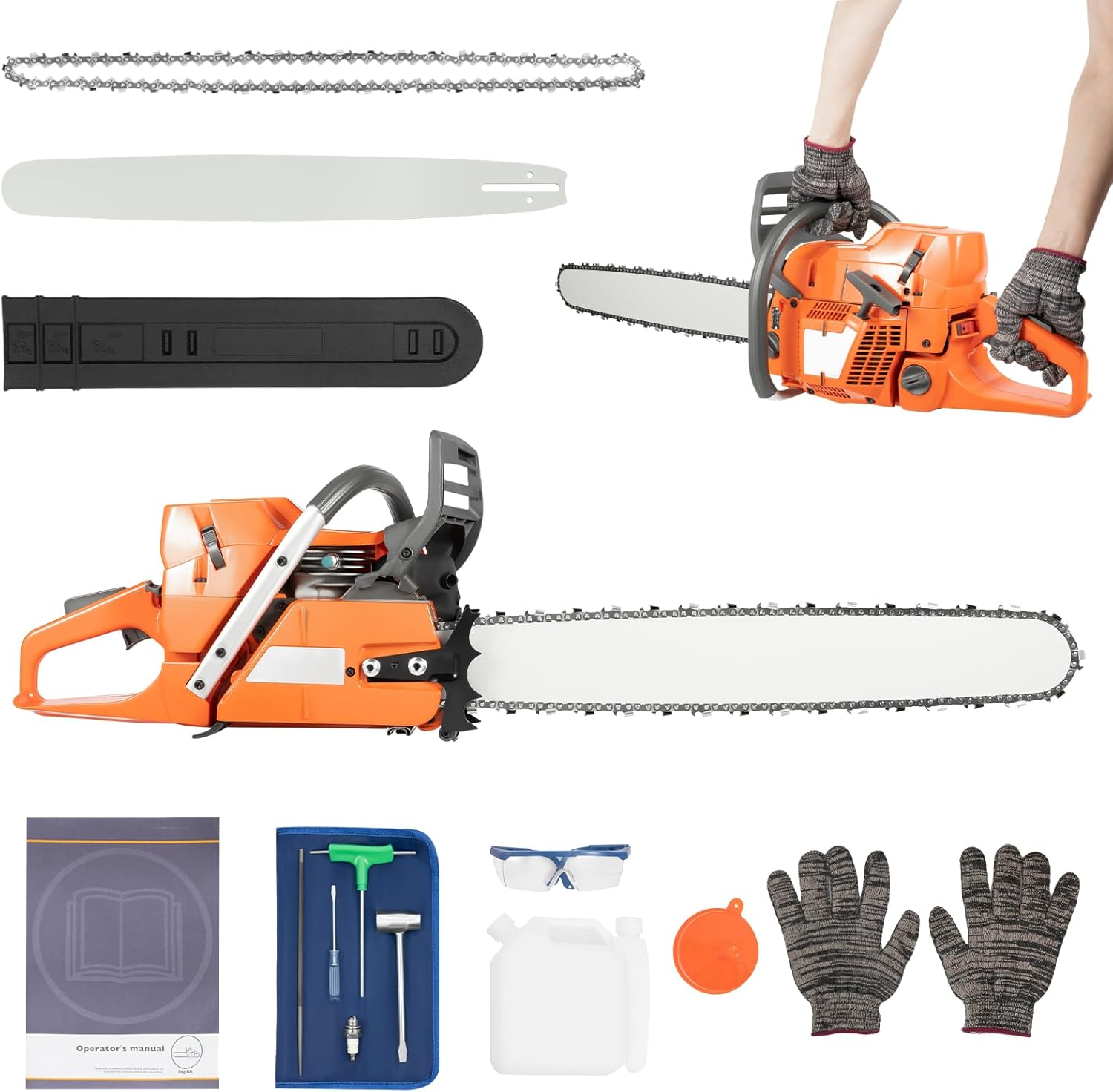 Gas Chainsaw 72cc 24 Inch, 2-Cycle Gasoline Powered Chain Saws 3.9kw Professional Power Chainsaws Set for Trees Wood Farm Garden Ranch Forest Cutting (24in 72cc)