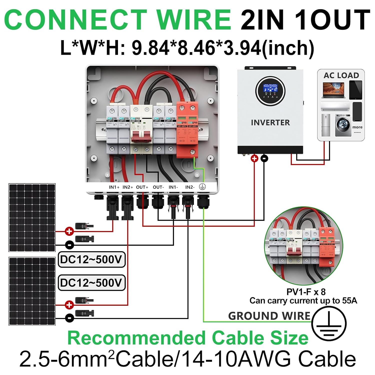 2 String Solar PV Combiner Box with 10pcs Fuse Link 30A DC1000V IP65 2 in 1 Out DC500V 32A Circuit Breaker with Surge Protector and 15A PV Fuse,Solar Disconnect Switch Outdoor Waterproof for Solar Pan