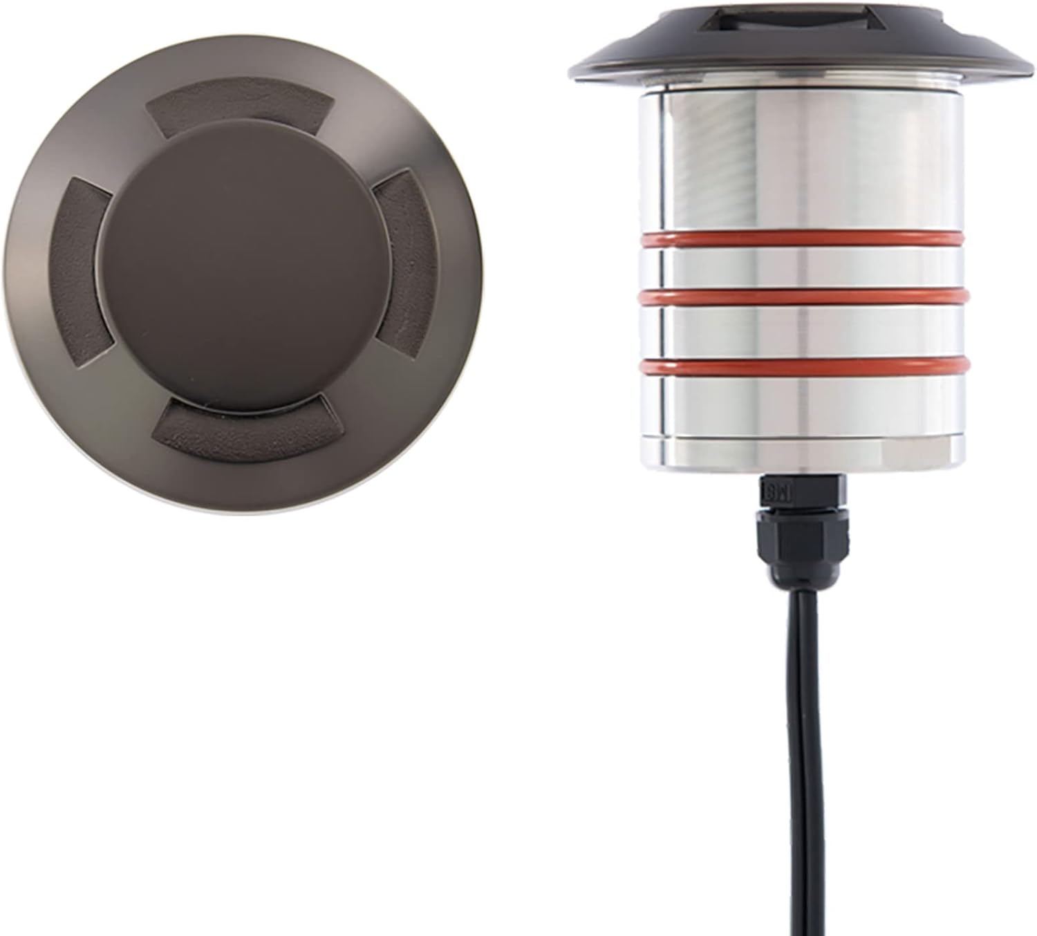WAC Landscape Lighting, LED 2in 12V Round Beveled Quad Directional Top Inground Indicator Light 3000K in Stainless Steel Coated with Bronze