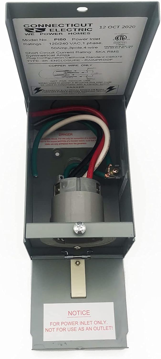 Connecticut Electric EGSPI50 50A Rainproof Generator Power Inlet Box with Cover, CS6375, SS2-50P, Receptacle, Gray