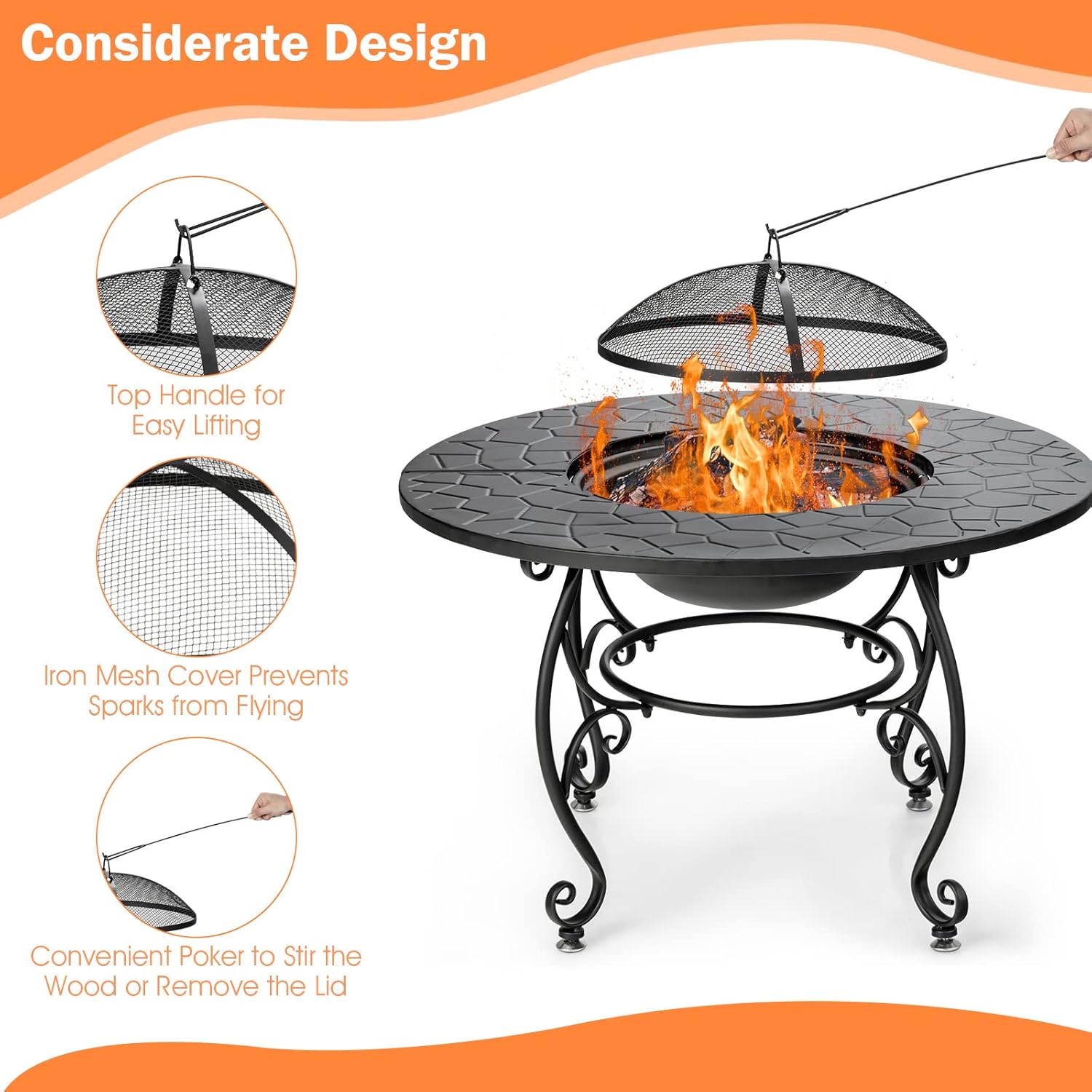 Tangkula Outdoor Fire Pit Table, 4 in 1 36 Inch Round BBQ Garden Fire Bowl with Lid, Bonfire Wood Burning Fire Pit for Outside Backyard Deck Patio, Includes Cooking Grate, Log Grate and Fire Poker