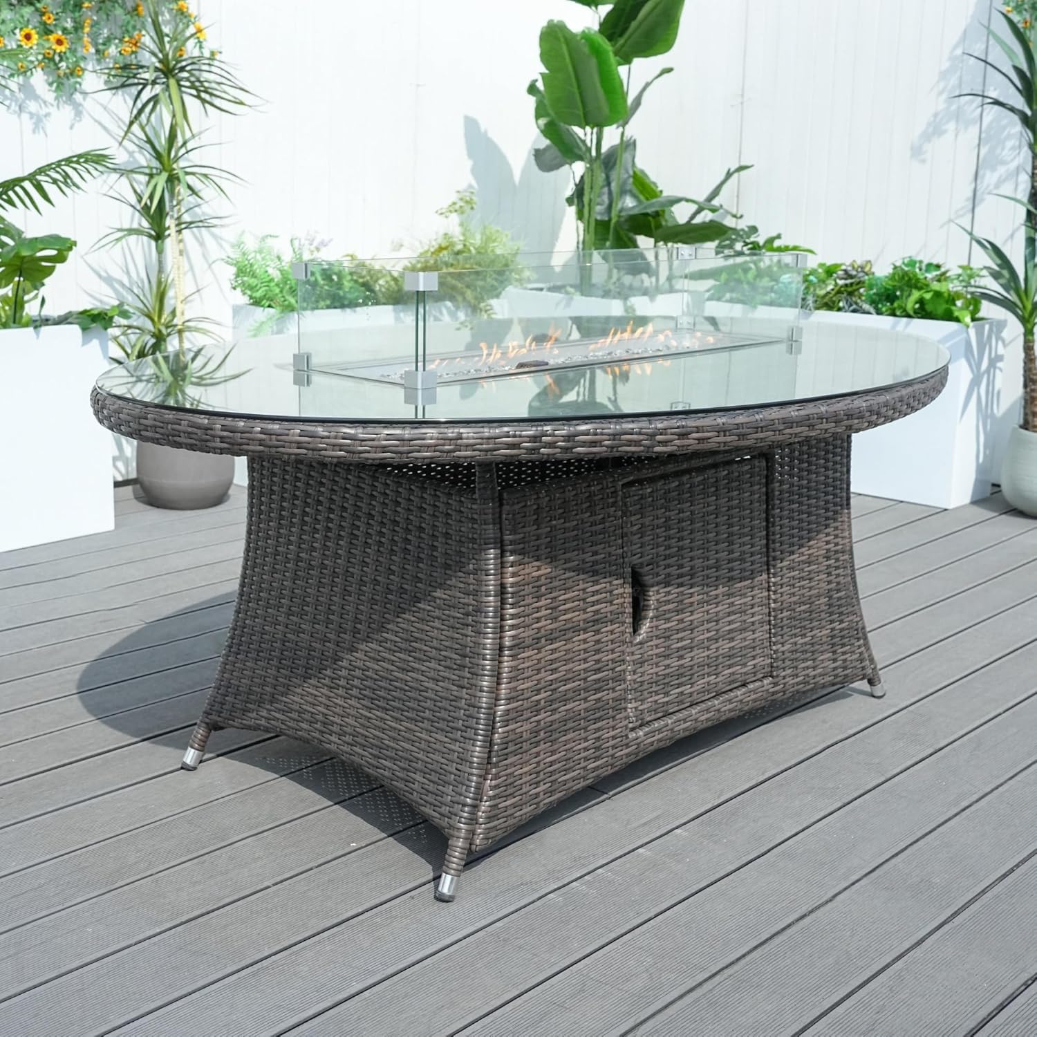 Brown Rattan Outdoor Gas Fire Pit Table Patio Dining Table with Wind Guard