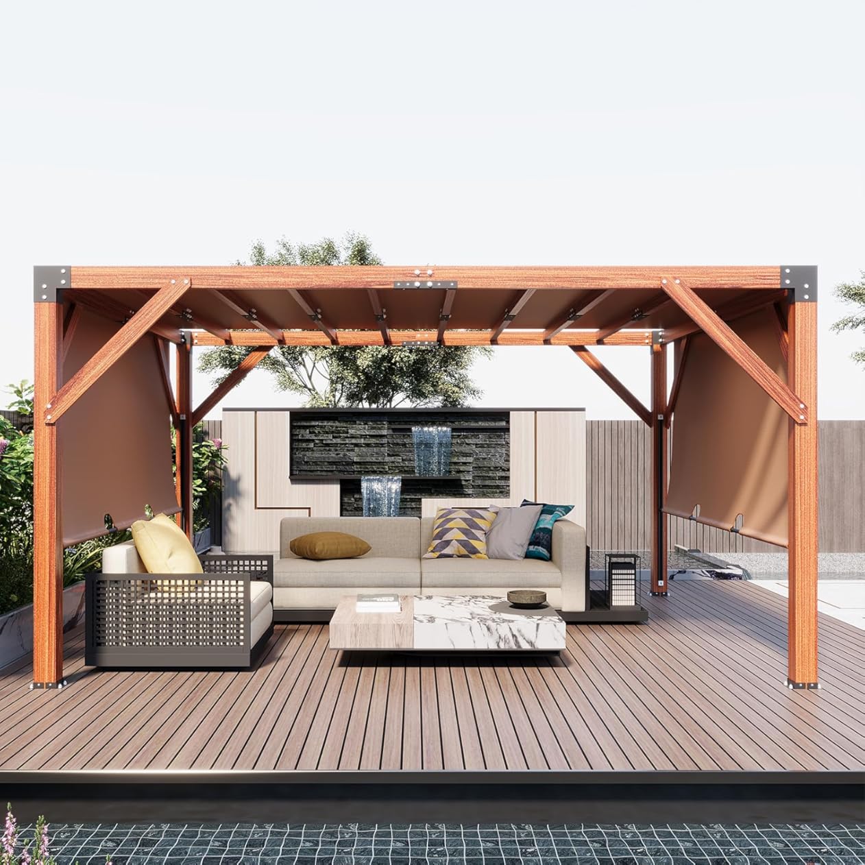 12'X 14' Cedar Wood Pergola, Stylish Outdoor Addition, Retractable Shade Canopy, Durable & Rot Resistant, Versatile Design, for Backyard, Garden, Deck, Outdoor Entertaining