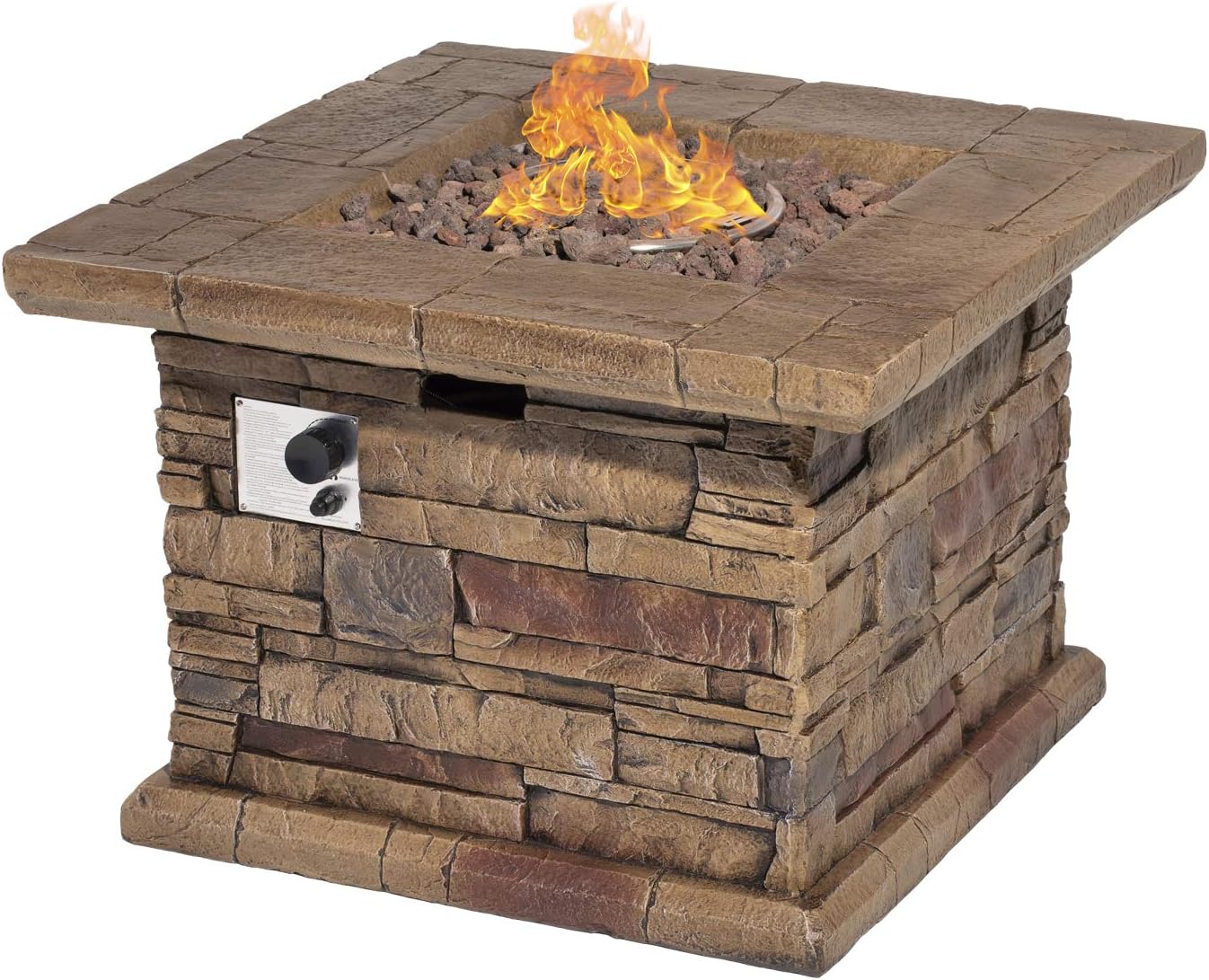 AQUILLA Outdoor Fire Pit w Stone Imitation Surface, 32 inch Square Table, 50,000 BTU Stainless Steel Burner, Free Lava Rocks, 20 Gal Propane Tank Could Set Inside (exclude) for Backyard