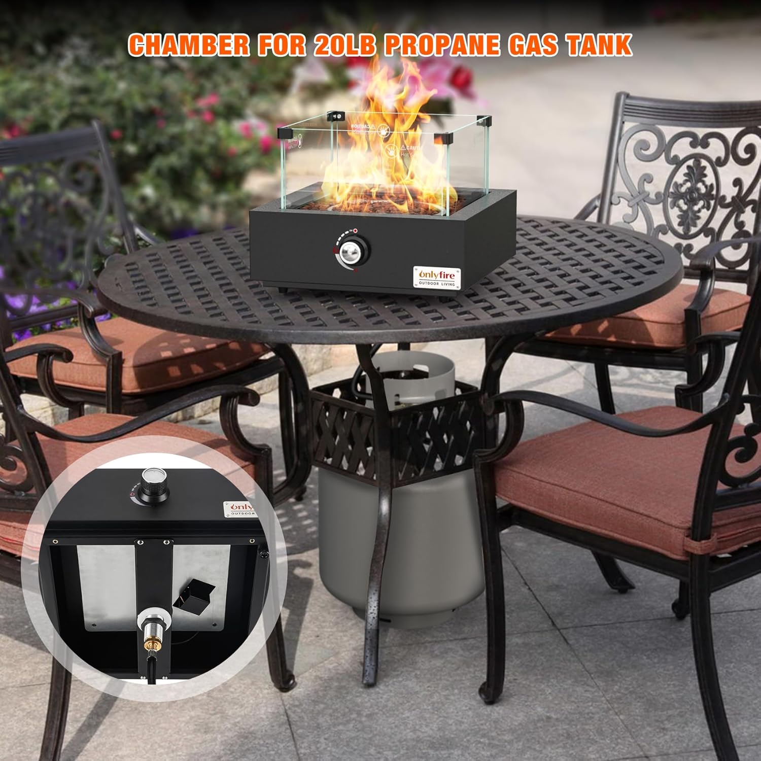 ONLYFIRE OUTDOOR LIVING Gas Fire Pit Bottom-Mounted for Table with Umbrella Hole, Portable Tabletop Smokeless Firepit with Wind Guard, Propane Firepit for Patio Camping RV Tailgating, Square FP041