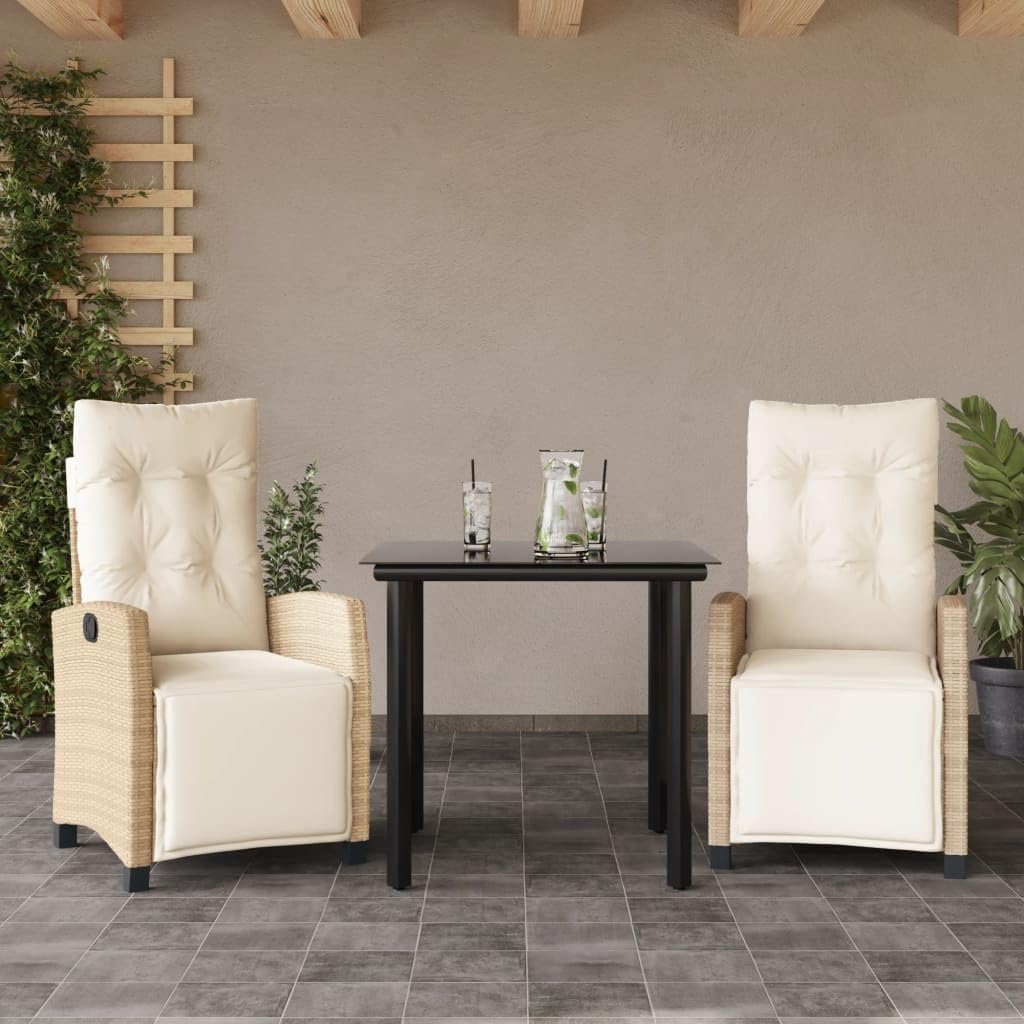 3 Piece Patio Dining Set with Cushions Beige Poly Rattan,Outdoor Garden Dining Set with Adjustable Rattan Lounge Chairs and Glass Table Patio Furniture Sets, Outdoor Furniture Sets