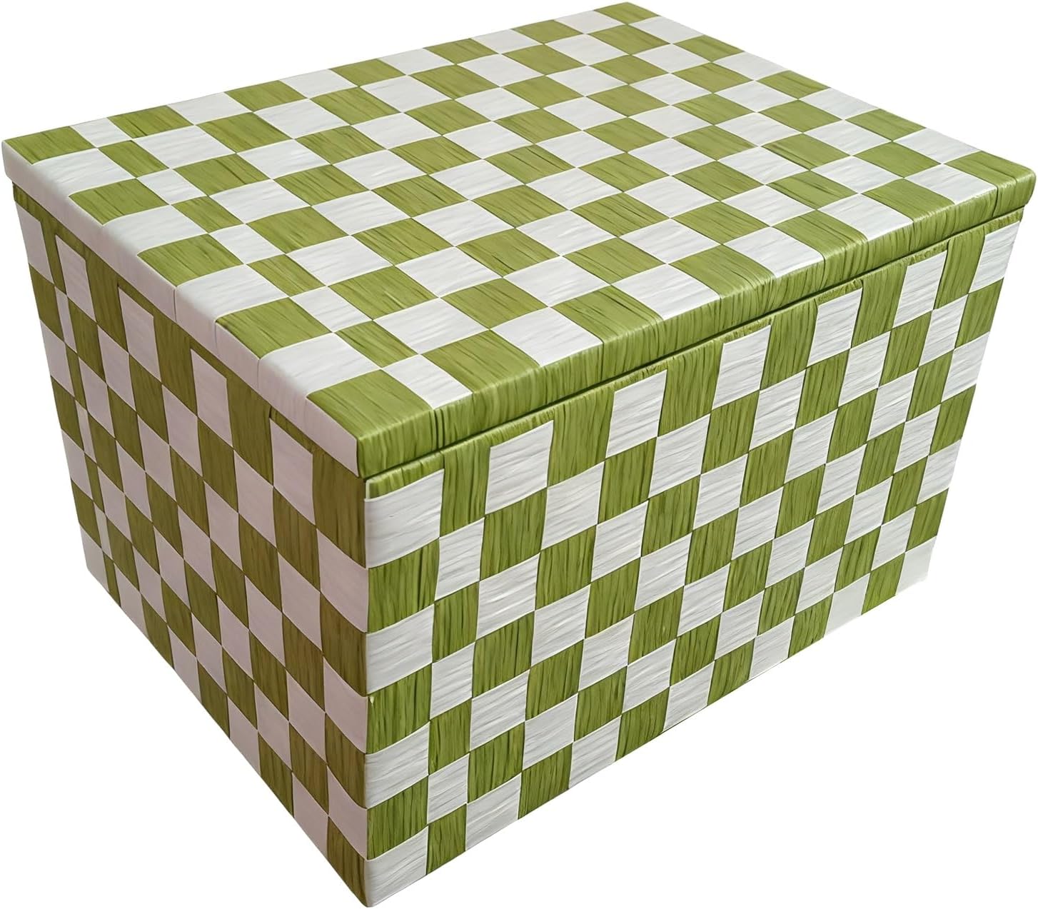 Hand Woven Storage box With lid Solid Wood Frame Stackable Decorative Organizer bin Multi Scenario use for Home Garage Camping Available in Various Patterns(Green Grid,50cm/20in)