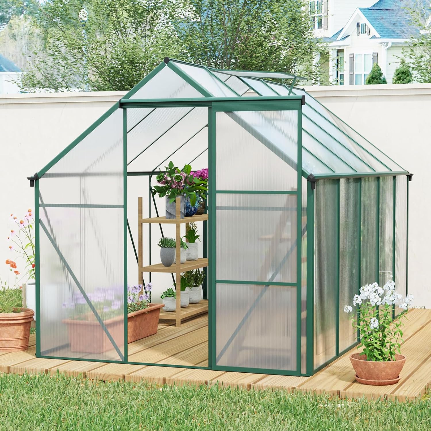 6X10ft Greenhouse Garden, Anchor Aluminum Heavy Duty Walk-in Greenhouse, Polycarbonate Outdoor Shed, Sliding Single Door, Outdoor Backyard for All Seasons