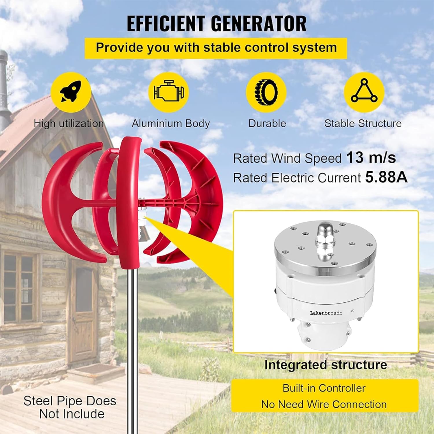 Wind Turbine Generators Kit, 12/24V 15000W/20000W Lantern 5-Blade Vertical Wind Turbine Generator with Controller for Home Hybrids Streetlight Use Electromagnetic Electricity,15000W-24V