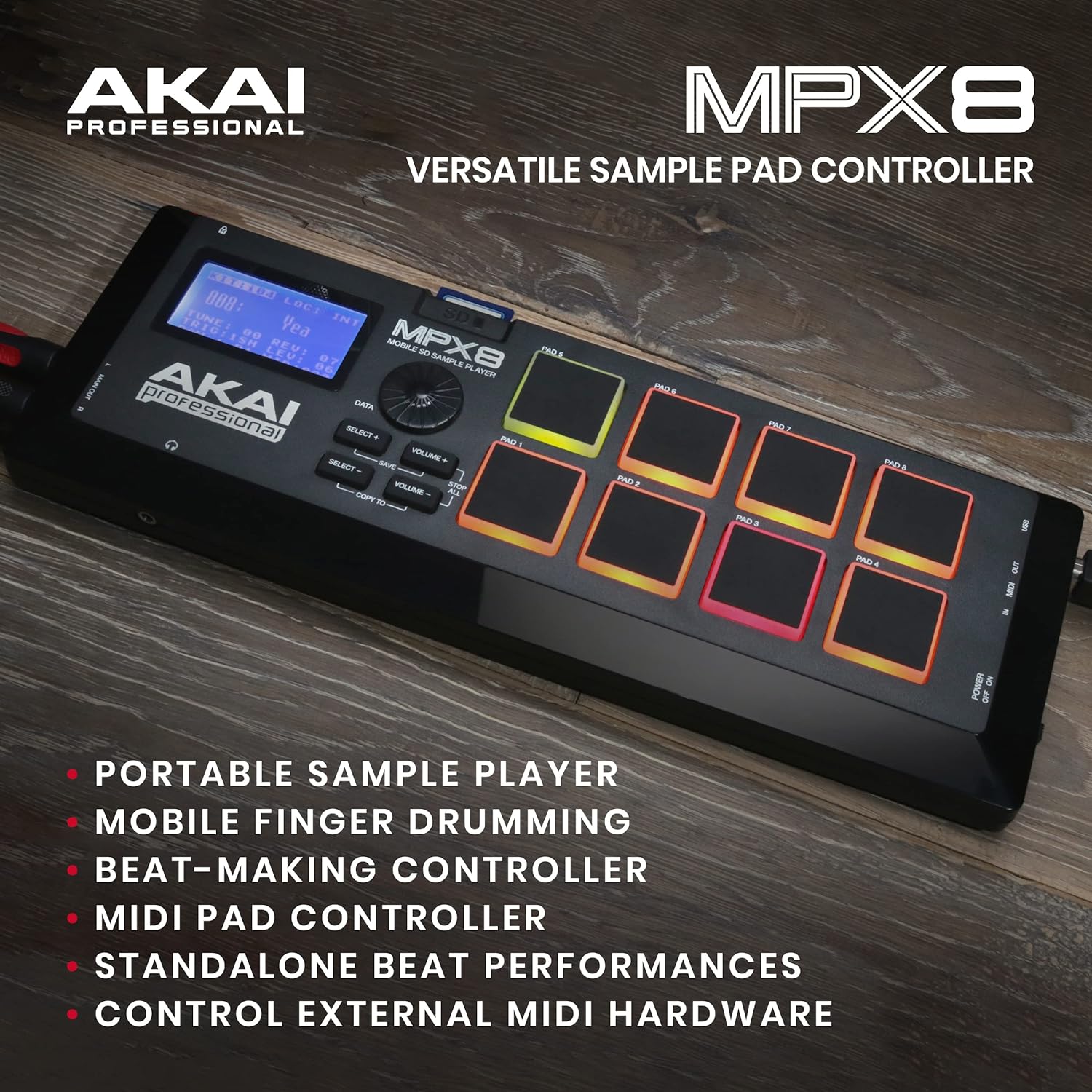 Akai Professional MPX8 - Portable Sample Pad Controller With 8 Performance-Ready Velocity-Sensitive Pads, MIDI Connectivity and On-Board SD Card Slot