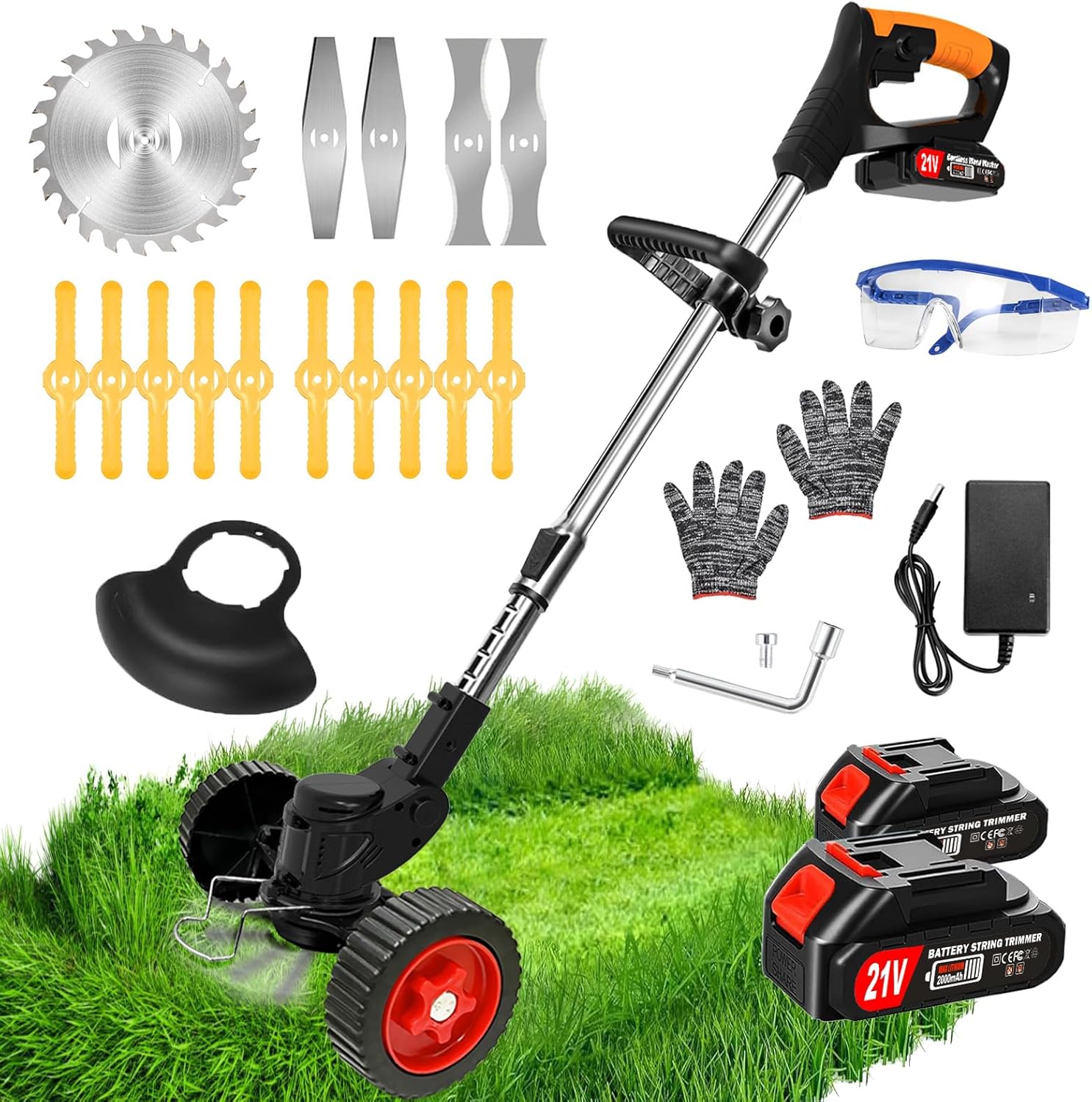 Electric Weed Wacker Cordless Grass Trimmer with 21V 2.0Ah Battery Powered, 3 in 1Stringless Weed Trimmer Brush Cutter Edger with Wheels, Adjustable Lightweight Weed Cutter for Lawn, Garden, Yard Care