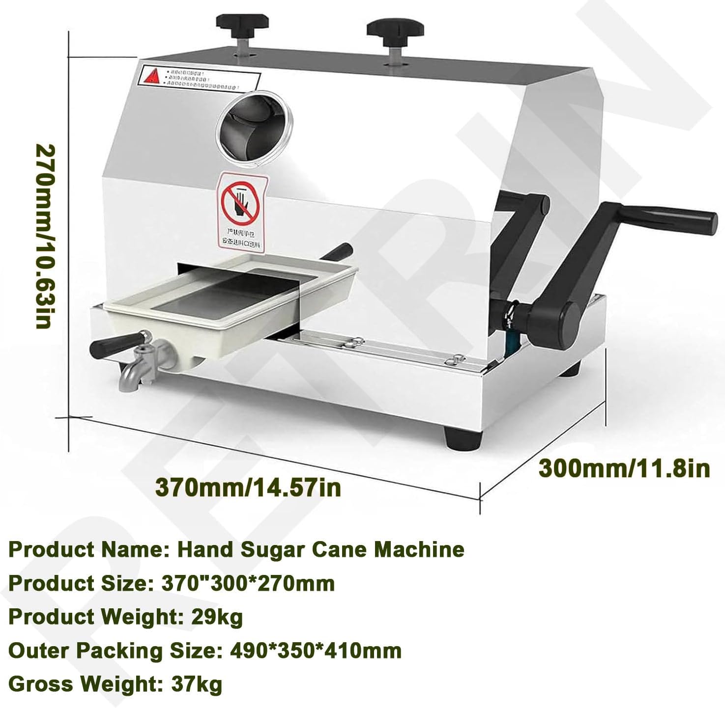 Manual Sugar Cane Juicer Machine,Commercial Sugar Cane Press with 3 Stainless Steel Drums and 2.4-inch Large Inlet,110LBS/H,for Hotel,Restaurant,Super Market
