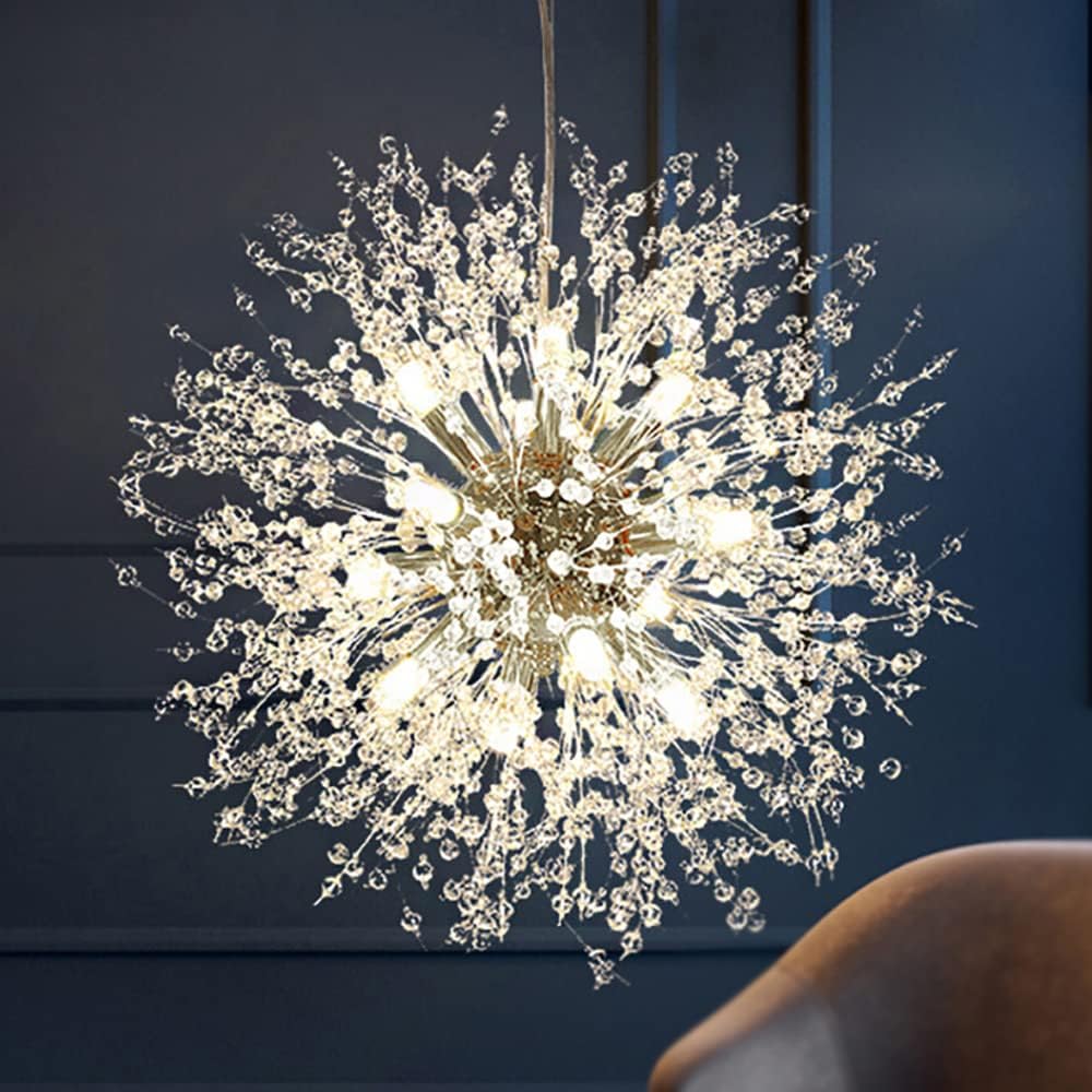 Modern Crystal Chandeliers 12-Light Chrome Dandelion Light Fixture,Firework Chandelier,Personalized Ceiling Hanging Lighting for Bedroom,Dining Room,Kitchen,Living Room Chandelier
