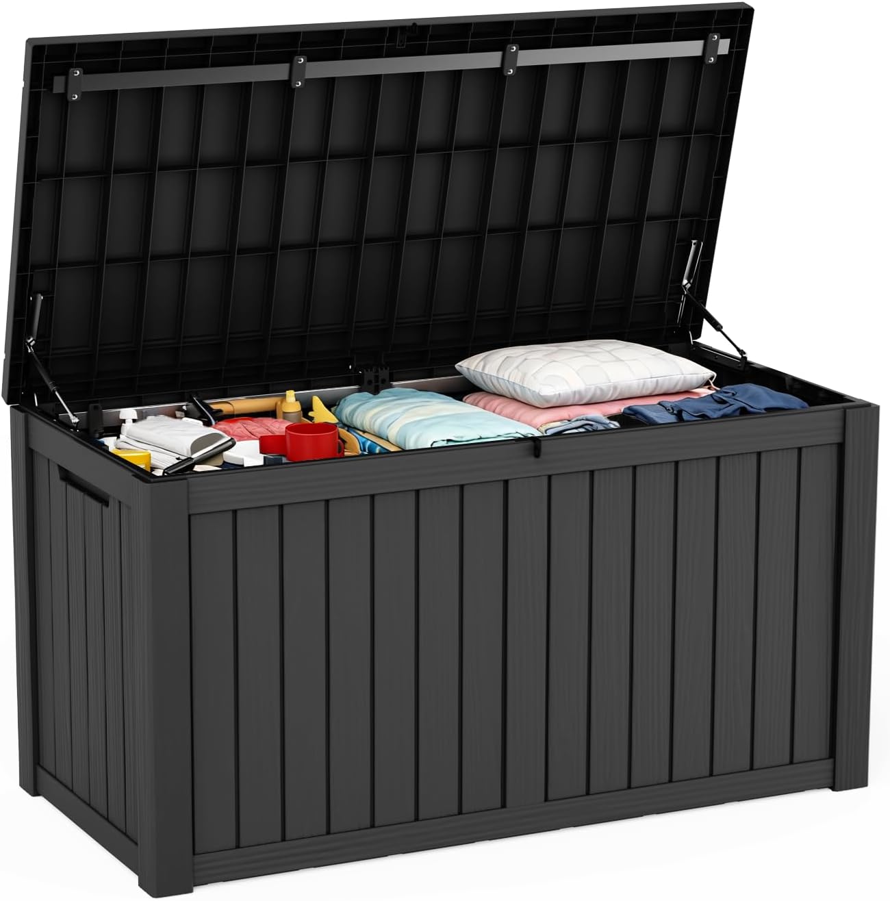 EasyUp 180 Gallon Outdoor Storage Box, Resin Waterproof UV-Resistant Deck Box with Hydraulic Lid Support, Reinforced Stability for Patio, Garden, and Poolside, Black