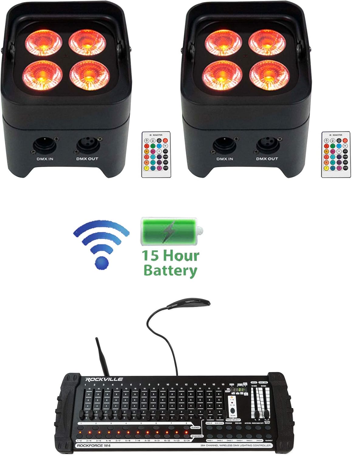 Rockville Best PAR 50 Bundle: (2) Rechargeable Par Can Wash Lights w/Wireless DMX, RGBWA+UV, ROCKFORCE W4 384-Channel Wireless DMX Lighting Controller, MIDI, 3-Items