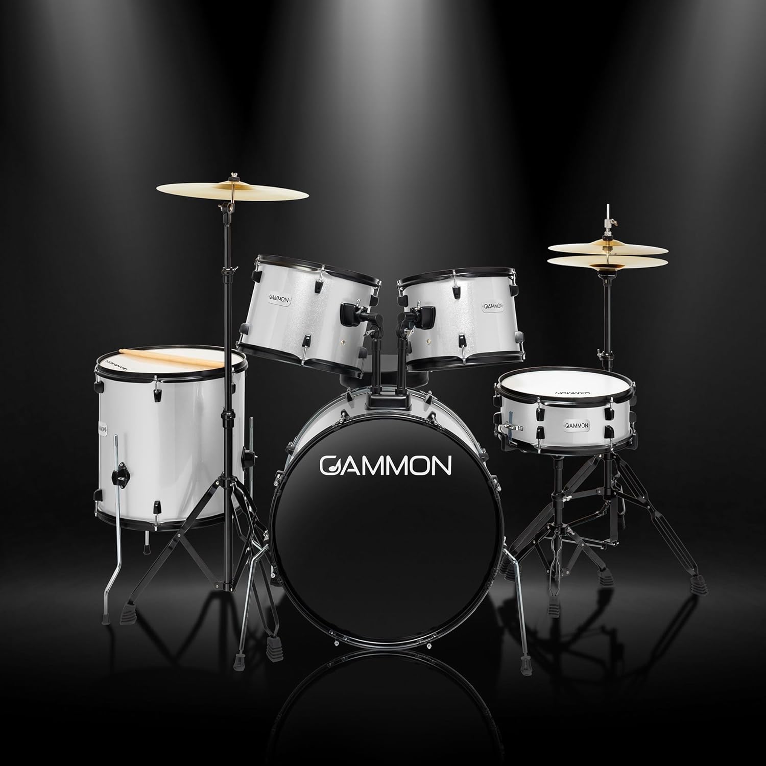 Gammon Percussion Full Size Complete Adult 5-Piece Drum Set with Cymbals, Stands, Stool, and Sticks - Silver