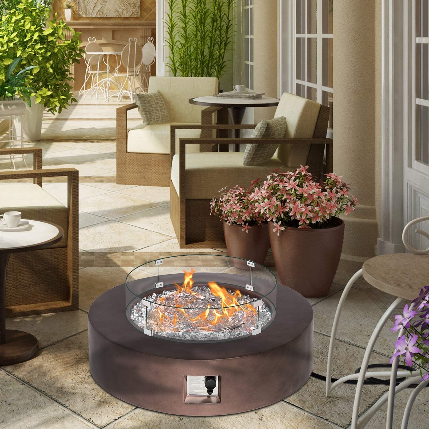 AQUILLA Outdoor Propane Fire Pit Coffe Table w Brown 42 inch Round Base Patio Heater, 50000 BTU Stainless Steel Burner w Glass Rocks, Waterproof Cover