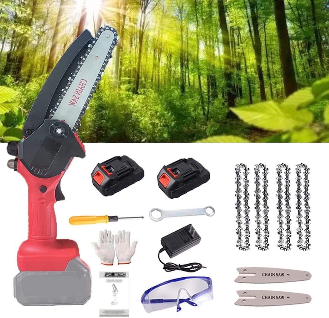 Mini Chainsaw,24V 6 Inch Mini Chainsaw Cordless, Electric Chainsaw,Handheld Mini Chainsaw,Cordless Power Chain saws with Security Lock, one-Hand Chainsaw (Color : Red, Battery *1 : 4*Chain)