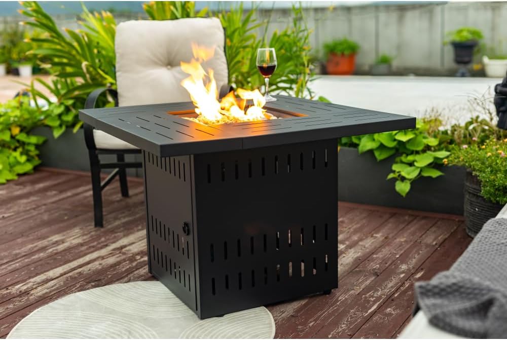 34 Inch Outdoor Propane Fire Pit Table with Lid and Lava Rocks - 50000 BTU Steel Fire Table for Patio Garden Deck Backyard