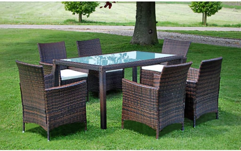 7 Piece Patio Dining Set with Cushions Poly Rattan Brown,Outdoor Rattan Patio Furniture Set with 6 Chairs for Garden and Yard Patio Furniture Sets, Outdoor Furniture Sets
