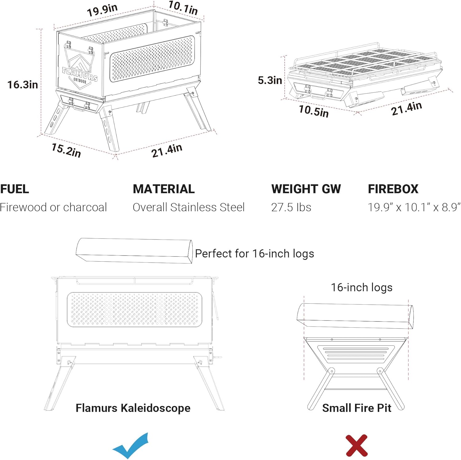 20-Inch Smokeless Fire Pits for Outdoor - Portable & Easy to Assemble - Stainless Steel FirePit with Grill, Removable Ash Pan & Carry Bag. Ideal for Camping Backyard, Patio Garden Picnic BBQ