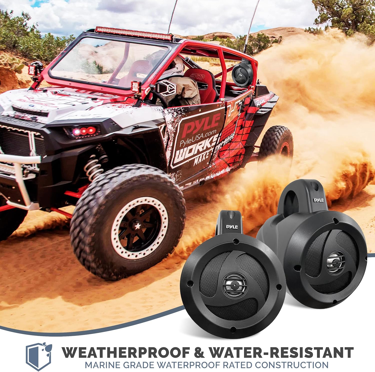 Pyle 2-Way Passive Waterproof Off-Road Speaker System - 4 Inch 900w Peak, Marine Grade Wakeboard Tower Speakers, Full-Range Outdoor Audio Speaker for ATV, UTV, Quad, Jeep, Boat - 1 pair - Black