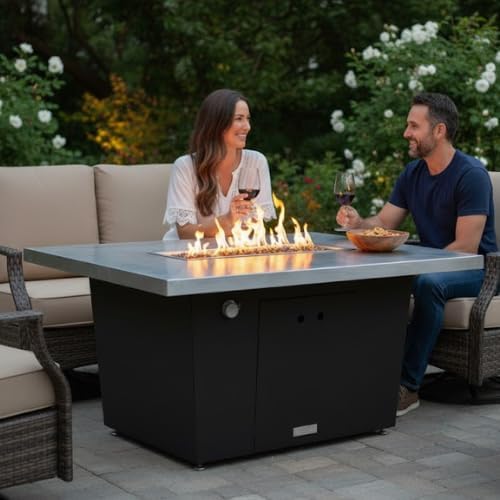 COOKE Palisades Rectangular Fire Pit Table - 52x36 - Chat Height - Propane - Brushed Aluminum Top with 3cm Edge - Dark Cherry Powdercoat Base