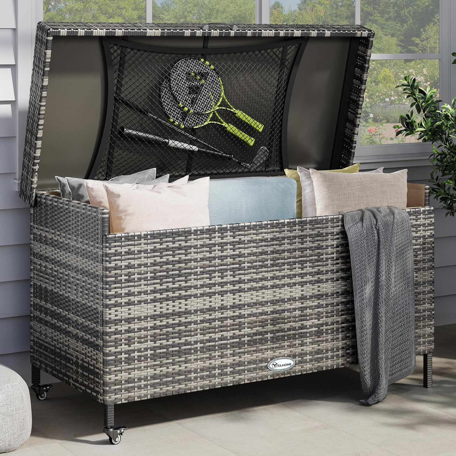 YITAHOME 200 Gallon Large Wicker Deck Box w/Storage Net, Rattan XL Outdoor Storage Box Patio Cushion Storage, Waterproof Storage Box for Patio Furniture, Garden Tools, Pool Sports Equipment (Grey)